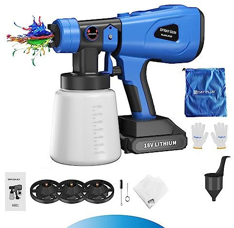18V Paint Sprayer Cordless Electric Paint Sprayer Gun HVLP Paint Spray Gun 1000ml Garden Fence Paint Sprayers with 1500mAh Battery, Spray Gun for Painting Ceiling, Fence, Wall, Garden, Home Painting