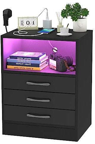 PIPIPOXER Nachttisch Schwarz mit 3 Schubladen, Nachtschrank Hochglanz Schwarz Nachtkommode 3 Schubladen Beistelltisch für Wohnzimmer, Schlafzimmer, 45x60x35cm