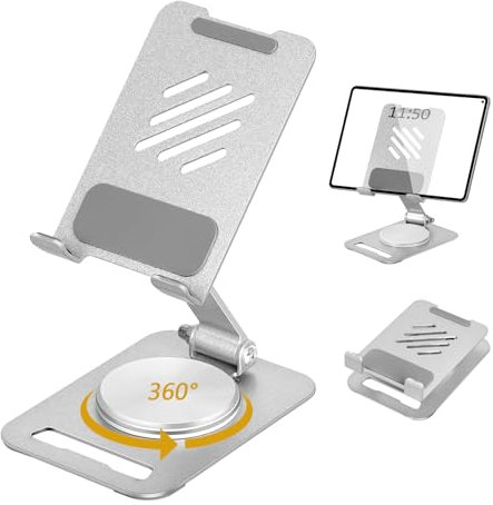 Corpower Soporte Tablet, Soporte de Escritorio Giratorio Ajustable con Base Giratoria de 360 Grados, Soporte Movil Plegable, para Phones/iPad/iPad Pro/Air/Mini, Galaxy Tab A8/A7 Lite/A7/S8/S7, Plata