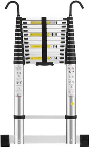 STANEW Escalera Telescópica de 5 m de Aluminio, Plegable, Escalera Extensible con Barra de Equilibrio con Reposabrazos Extraíble, Multifunción Portátil Plegable Extensible, Carga Máxima de 150 kg