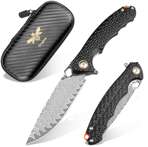 Zingbee Damast Taschenmesser, Hochwertige VG10 Damaststahl Klinge, Outdoor Klappmesser mit Aluminiumgriff, EDC Einhandbedienung, ideal für Wandern, Camping, Sammeln und Jagd