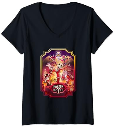Damen Hazbin Hotel - Plakatkunst T-Shirt mit V-Ausschnitt, Schwarz, L