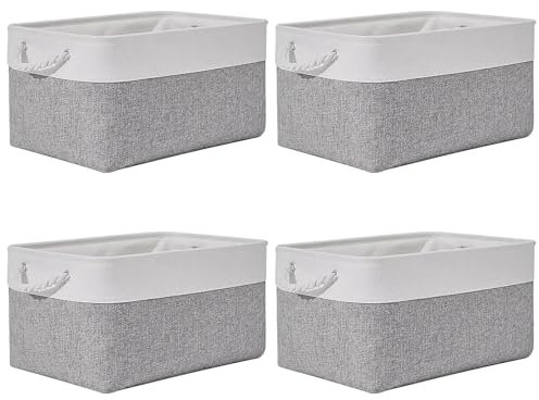 SHUESS 4 Stück Aufbewahrungskorb Stoff, Aufbewahrungskörbe, Korb Aufbewahrung Stoff mit Seil für Spielzeug für Regale, Schränke, Spielzeug und mehr,36x26x18CM (Grau Weiß)