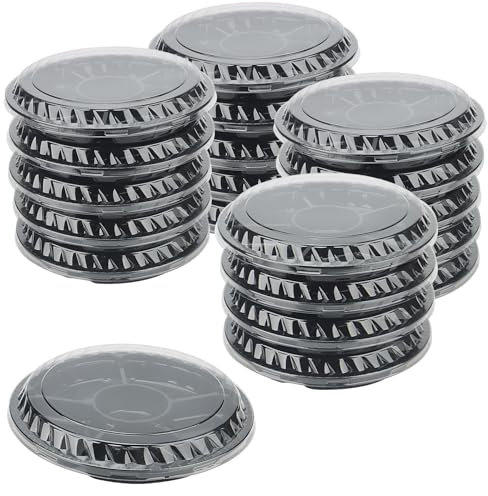 MOUYAT 20 PCS 12 Inch Round Plastic Snack Trays with Lid, Serving Platter with Lid, Hold 1500g 6 Divided Compartments Tray with Lids for Salad, Appetizers, Snacks, Fruit