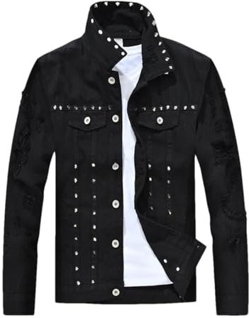 Modische Herren-Jeansjacke mit Nieten, Punk, Party, Nieten, schmale Passform, zerrissene Jeansjacke, langärmelig, Schwarz , S