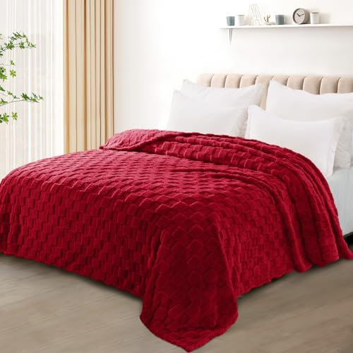 Exclusivo Mezcla Plaid Couverture Polaire à Motif Carreaux, Plaid jeté de Canape Super Doux et Chaud, Léger pour Toutes Les Saisons, 230x270 CM, Rouge foncé
