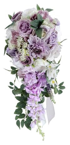 entapuk Wedding Bouquet for Bridal, Teardrop Bridal Bouquet Cascading Artificial Rose Bouquet for Bride Holding Wedding Centerpiece Decor White and Purple, 9.1x21.6 Inch