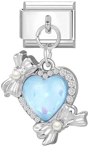 M&S 18K Birthday Rose Gold Silver Evil Eye Dangle Butterfly Hamsa Mum Mom Daughter Stainless Steel 9mm Italian Link Charm Compatible With Nomination Bracelet (Moonstone Heart Bow Pearl)