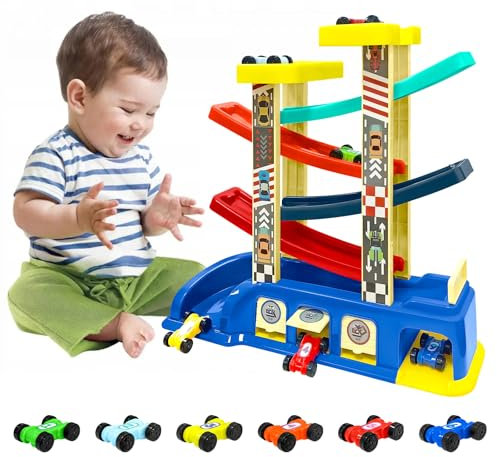 YATOSEEN Car Ramp Toys, Montessori Toys with 6 Mini Cars & 4 Colorful Race Tracks, Garages and Parking Lots, Ramp Racer Toy Gift for Boys Girls