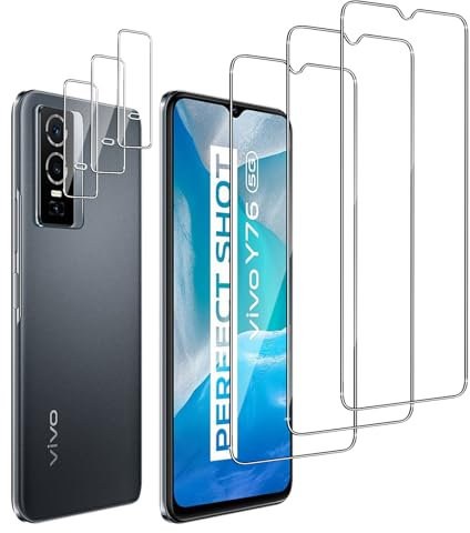 QZJinch 3+3 Pezzi Pellicola Vetro Temperato per vivo Y76 5g,3 Pezzi Pellicola Protettiva e 3 Pezzi Pellicola Fotocamera,Bordi curvi 2.5D,Ultra HD,Senza Bolle,Anti-Graffio,Durezza 9H