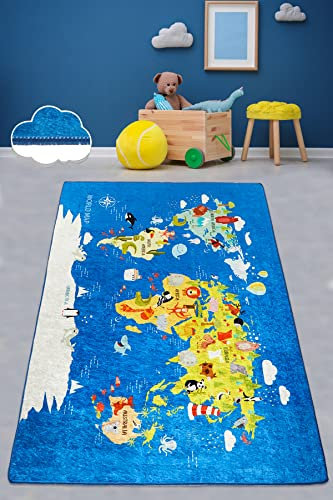 Bosdela Kinderteppich - und Babyteppiche – Vielfältige Designvariationen 100x160 cm Weltkarte – rutschfest, hypoallergen & pflegeleicht, idealer Lern- und Spielteppich für Kinderzimmer & Abenteurer