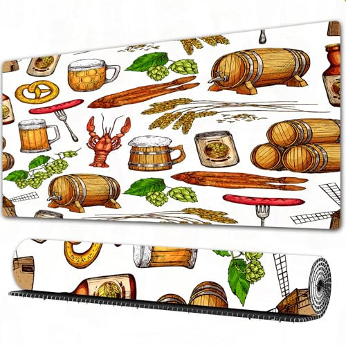 FEHWI Grand Tapis de Souris de Jeu avec Bords surpiqués et Dos antidérapant,sous-Main pour Clavier et Souris,Fond de Boissons à la bière. Bouteille en Verre de bière, tonneau en Bois et Cane,75x40 cm