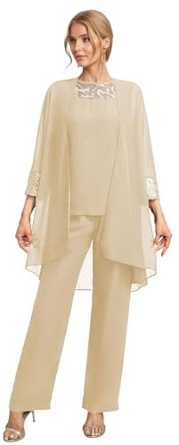 JIIL Mutter der Braut Hosenanzug mit Jacke 3-teilig Langarm Chiffon Brautmutter Anzug für Hochzeit Champagner 42