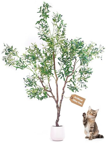 BLATOMIC Olivos artificiales para interiores, olivo sintético de 7 pies de alto con maceta alta blanca, plantas artificiales con tronco de madera natural y frutas realistas, plantas de olivo grandes