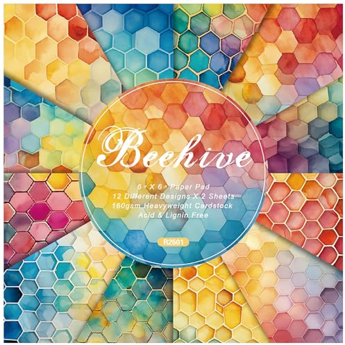 ZAKHSE Motivpapier Frühling, 24 Blatt Honigwaben Bienenstock Motive Designpapier 15,2x15,2cm Einseitig Bedruckt Scrapbook Papier Bastelpapier Bunt für DIY Bastelarbeit Kartengestaltung-12 Designs