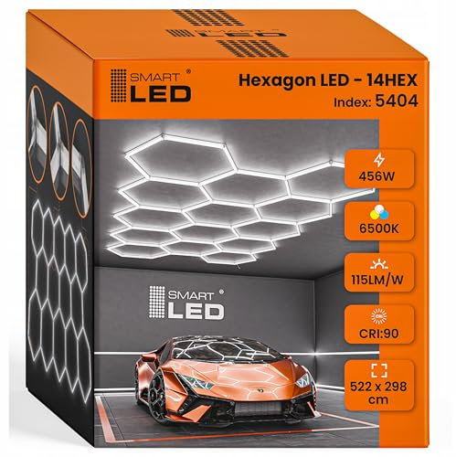 Garagenlampe LED Hexagon 522x298 cm – 14er Set Werkstattbeleuchtung 456W 6500K Kaltweiß – 115LM/W – IP54 – Flimmerfrei – CRI>90 – LED Panel Lichtsystem für Garage, Studio, Detailing, Büro