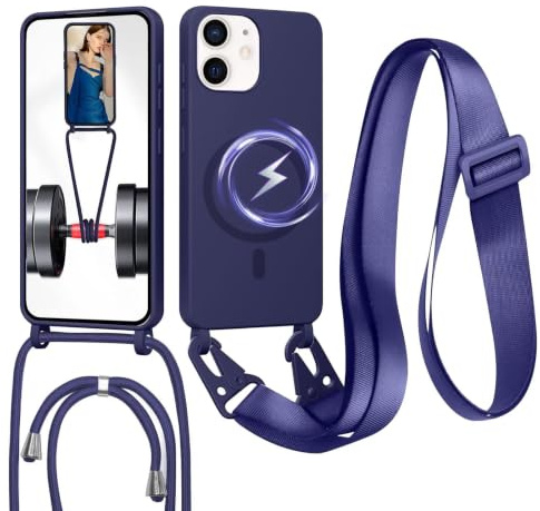 FERLAN Handykette mit Band für iPhone 12 Mini Hülle, Lanyard (abnehmbar) Handyhülle Case mit justierbarer Schnur Abnehmbar Strap, Crossbody Schutzhülle zum Umhängen Kordel, Dunkelblau
