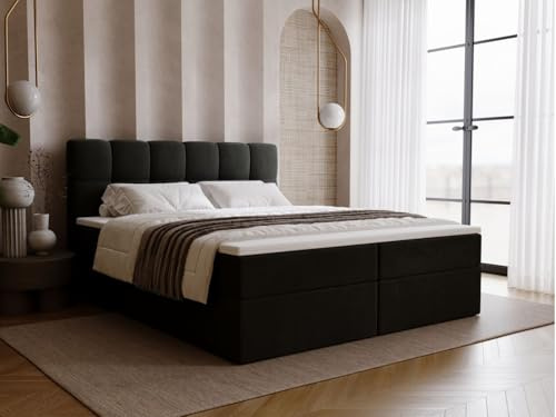 GRAINGOLD Maison Bett 160x200, Boxspringbett mit Bettkasten, Polsterbett mit Bonell-Matratze, Samt Stoff, mit Topper, mit Kopfteil (Dunkelgrau, 160x200)
