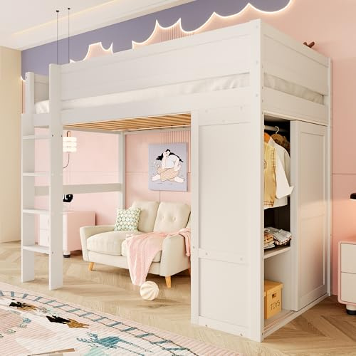 Rvjiahe 90 * 200cm Hochbett, vielseitiges Kinderbett, ausgestattet mit Kleiderschrank, Staufach, offener Unterbettraum, ohne Matratze, Kiefernholz (White, 90cm×200cm)