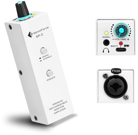 SonixForce Rechargeable Headphone Amplifier, Wired in-Ear Monitor Amplifier with XLR/TRS Inputs & 3.5mm Output, 7-Color LED Light, Portable IEM Amp for Living and Recording - White