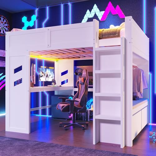 Soweiz Hochbett, Gaming Bett mit Schreibtisch, Mit Leuchten, 1 USB-Anschlüssen, 1 Typ-C ausgestattet, Leiter, Schreibtisch, Schublade, Wäscheständer,ohne Matratze, Weiß (140x200cm)