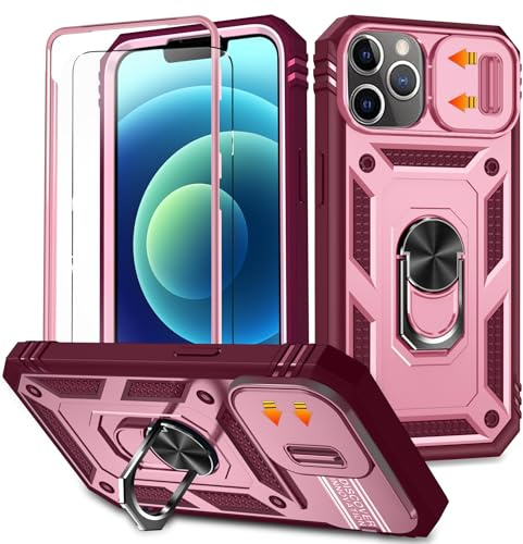 YmhxcY for iphone 12 Pro Max Case with Camera Cover Slider,Screen Protectors,Build in 360°Rotating Ring Kickstand, Military Grade Protective Case for iphone 12 Pro Max 6.7-Wine Red/Pink