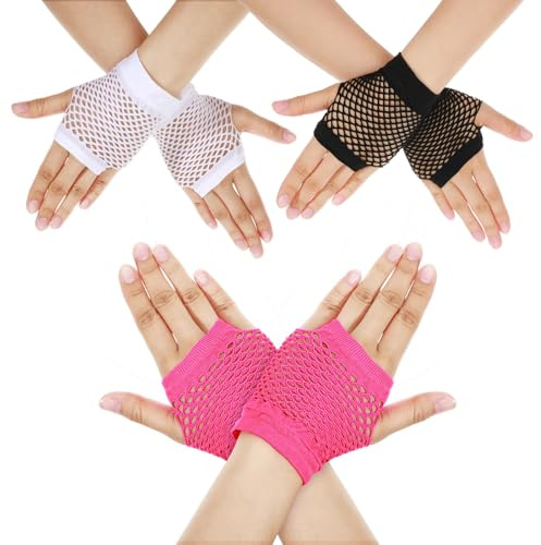 XLIUAX 3 Paar Fingerlose Netzhandschuhe, Atmungsaktive Spitzenhandschuhe aus Netzstoff 80er-Jahre-Szene-Cosplay-Kostüm-Accessoires für Frauen Halloween-Mottoparty Neujahr Geburtstag Geschenk