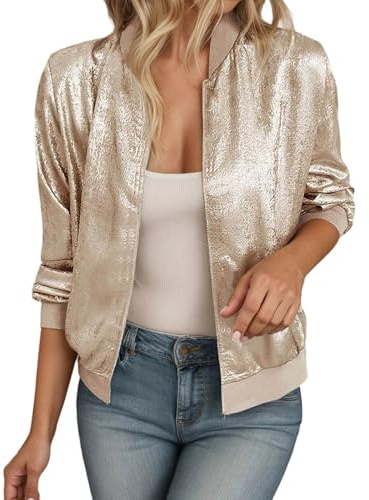 Blouson à Paillettes Femme Court Manches Longues Brillant Veste d'aviateur Col de Baseball Zippé Grande Taille Jacket à Sequins Style Décontracté Cardigan Fête Clubwear pour Disco Soirée XS-5XL