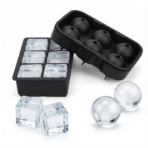 Ameinu Dual Silicone Ice Moulds 2 Pack, 5cm Cube & Ball BPA Free | 2 freezer trays with spillproof lids, stackable, twist ice removal, thick silicone for bar spirits & homemade cold drinks
