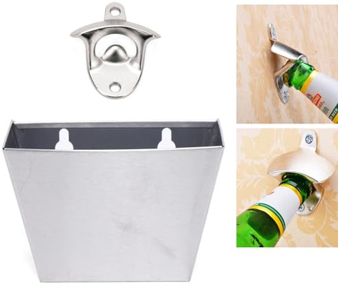 Mqwdxzfes Wall Mounted Bottle Opener with Cap Storage Box - Rustproof Zinc Alloy Stainless Steel Beer Bottle Opener, Modern Silver Beer Opener Cap Lifter for Home Bar Kitchen
