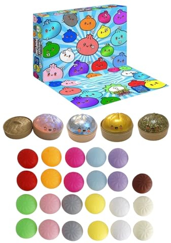 Needdoo Adventskalender mit Squishy Spielzeugen in Form von Teigtaschen, 24 Tage Squishmas Kalender mit 23 Teigtaschen Squishies + 1 großer Überraschungs-Squishy Glitzer-Teigtaschen-Blindbox A01