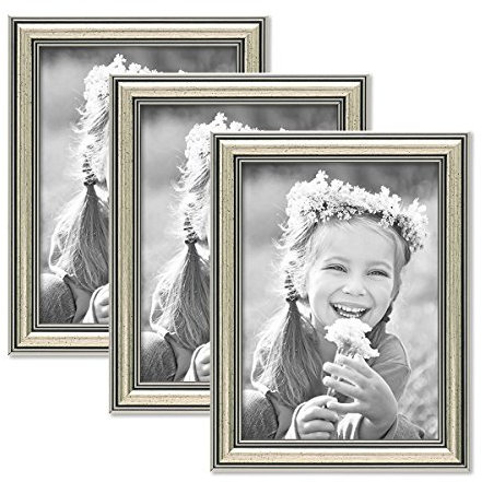 PHOTOLINI 3er Set Bilderrahmen Silber Barock Antik 13x18 cm Fotorahmen mit Glasscheibe/Kunststoffrahmen
