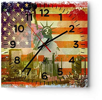 Modern Wanduhr Symbol USA Freiheit 40x40cm Quadrat Groß Wand Uhr Glas Analog Zimmeruhren Küche Büro Wohnzimmer Glasuhr Wall Clock Dekoration Design Wanddekoration Küchenuhr C4AC40x40-2543