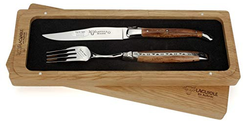 Laguiole en Aubrac - 1 Steakmesser und 1 Gabel Besteck-Set - Griff alte Weinrebe - Original Frankreich mit Zertifikat