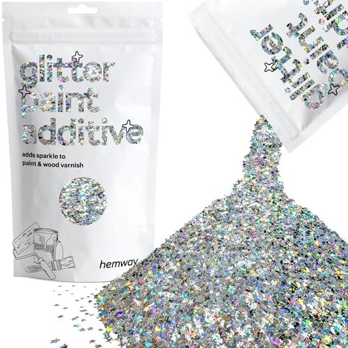 Hemway Glitter Paint Additive - Silver Holographic Stars & Moons | Metallic Flakes for Adding Sparkle to Paints & Wood Varnish | Add to Emulsion, Acrylic & Latex for Indoor Sparkly Walls | 100 g