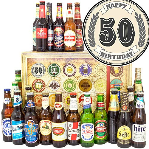 50. Geburtstag - 24 Biere aus aller Welt Geschenkset & Adventskalender | Mit Bierbuch, 6 Geschenkkarten, 3 personalisierbaren Urkunden & Bierbewertungsbogen – geschenkfertig verpackt