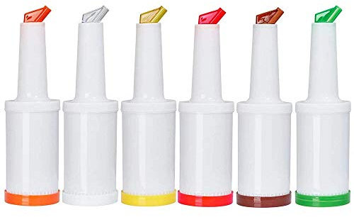 BarBits Keep & Pour Bottles 1Litre Pack of 6 - Save and Serve Pourer Store, Free Pour Your Cocktail Juice Drinks, Storage Container, Colour Coded