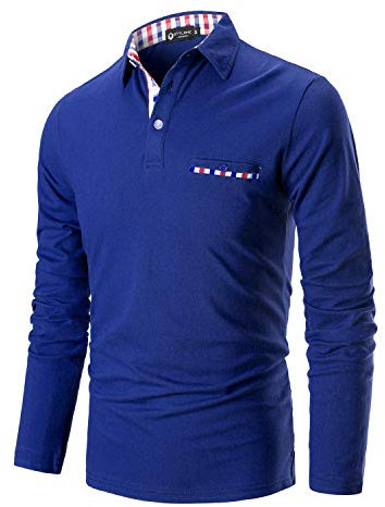 STTLZMC Mens Long Sleeve Polo Shirts Plaid Collar Basic Casual T-Shirt #11 Blue 1 3XL