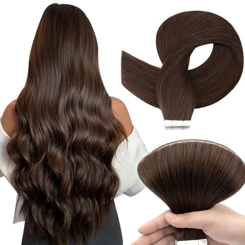 TESS Tape Extensions Echthaar #4 Braun 45 cm Klebeband Haarverlängerung 20er Pack Glatt Remy Tape in Hair Extensions für Haarverdichtung (20 Tressen #4-mittelBraun)