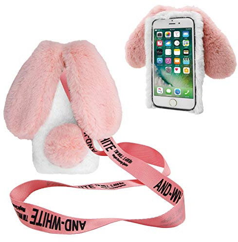 DasKAn Kompatibel für iPod Touch 5/6 / 7 Plüsch Hülle mit Handykette, 3D Hasenohren Design Handmade Glänzend Diamant Winter Warm Weich Kaninchen Flauschig Fell Schutzhülle, Weiß & Pink