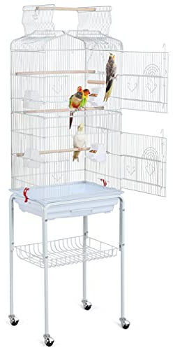 Yaheetech Gabbia Voliera per Uccelli Pappagalli Inseparabili Calopsite Parrochetti in Metallo con Piedistallo Ruote e Tetto Apribile 46 x 35,3 x 150,6 cm Bianca