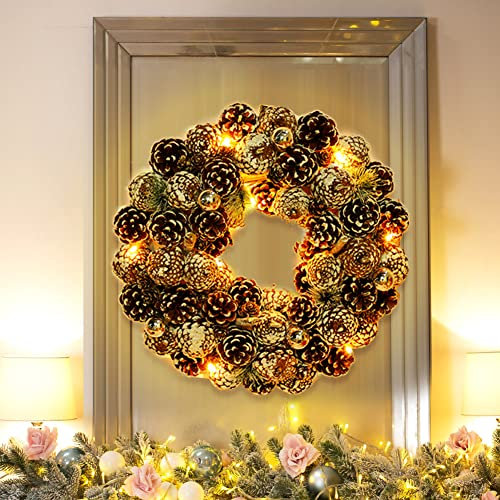 Weihnachtskranz mit Beleuchtung, 38cm Weihnachten Deko Türkranz Künstlich Tannenzapfen Adventskranz mit Beeren Advent Kränze Haustür Weihnachtskränze Beleuchtet LED Wandkranz für Weihnachten Party