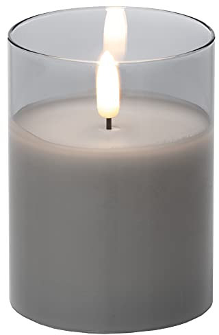 Brandsseller LED Kerze 7,5x10 cm Echtwachs im Glas Warmweiß Flackerfunktion Timerfunktion - Grau