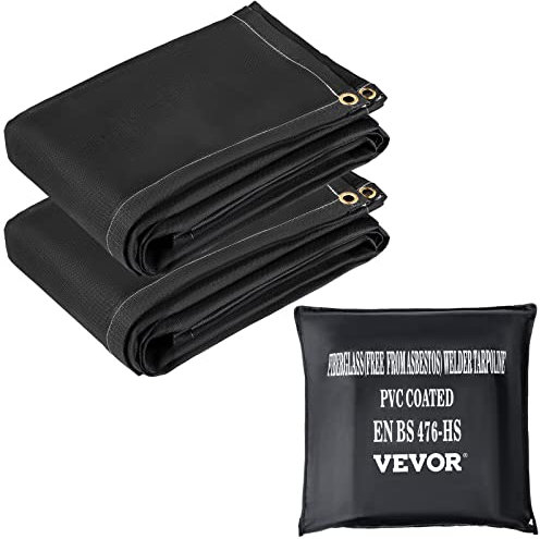 VEVOR Couvertures anti-feu, lot de 2 couvertures de soudage couverture anti-incendie 2,44 x 3,05 m ignifuge 550 °C couvertures d'urgence noires, couverture en fibre de verre avec 12 œillets en laiton