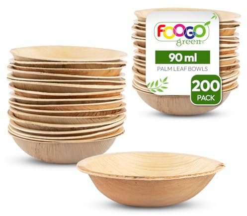 FOOGO Green 200pcs Disposable Palm Leaf Mini Bowls, 4 (10cm) Round, 90ml (3oz), Mini Ketchup Pots, Sauces & Dips, Eco Friendly Home Compostable, Like Wooden, Bamboo and Paper Bowls