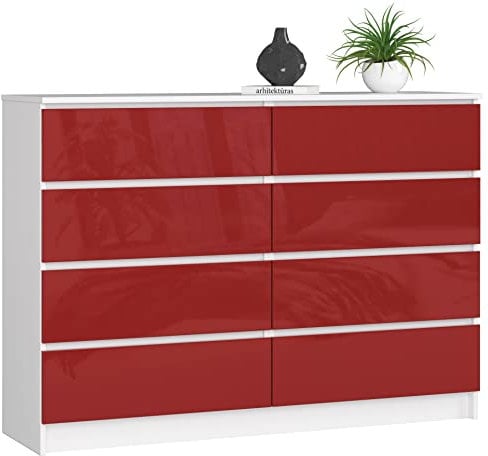 AKORD Kommode K-140 mit 8 (2 x 4) Schubladen | für das Wohnzimmer Schlafzimmer Schrank Büro Arbeitszimmer | Modernes Funktionales Design | B138 x H99 x T40 cm, Gewicht 72 kg | Weiß/Rot Glänzend