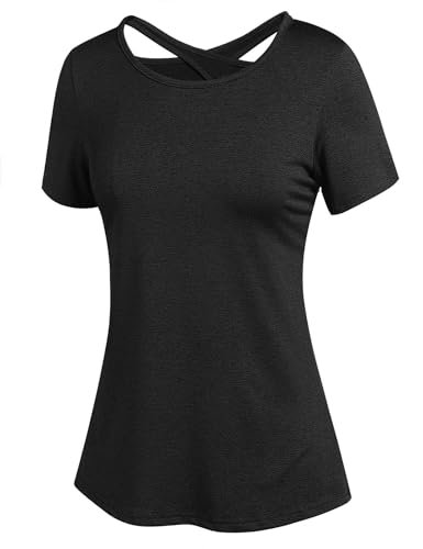 ADOME Sportshirt Damen Funktionsshirt Damen Running Fitness Shirts Sportbekleidung Kurzarm Oberteile Rückenfreies Oberteil Shortsleeve Yoga Top Schwarz L
