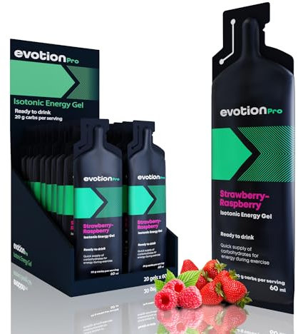 EVOTION PRO Gel Energetique - Isotonique, Lot de 20 á 60ml, D'hydratation adéquat, Activer votre Esprit et vos Muscles, Gel à Base de Maltodextrine, Vegane, Fraise et Framboise