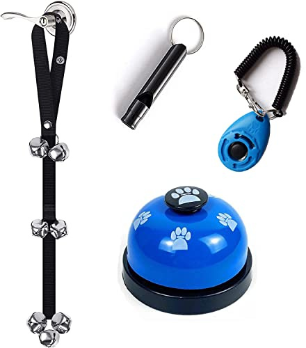 Kelivi Adjustable Puppy Potty Training Bells 4 Pack for Cats Dogs | Adjustable Length,With Dog Training Clicker & Dog Whistle-Dog Training Bell,Puppy and Cat Communication Device