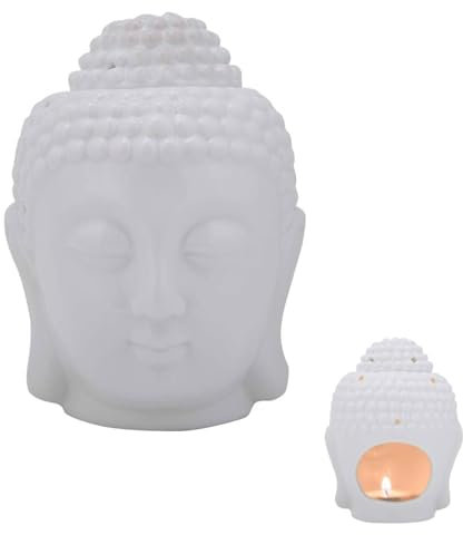 Cyrank Buddha-Kopf-Kerzenhalter, Teelichthalter aus Keramik, weißer Buddha-Brenner für ätherische Öle, Duftlampe, Buddha-Ornament